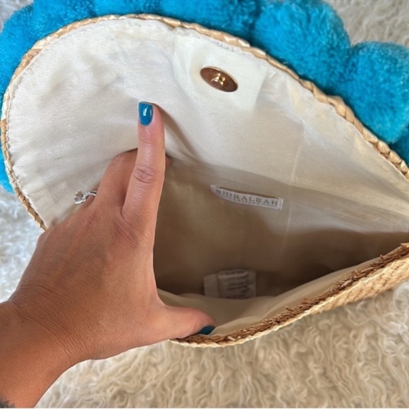 Anthropologie Shiraleah Jute Straw Pom Pom Clutch Blue Tan Festival Boho Beach - Picture 5 of 7